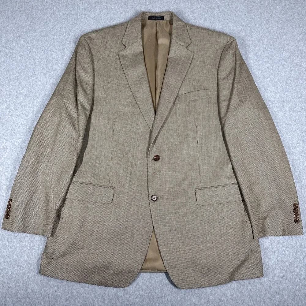 Lauren Ralph Lauren Men's 46L Houndstooth Silk Wool Blend Blazer Tan Sport Coat